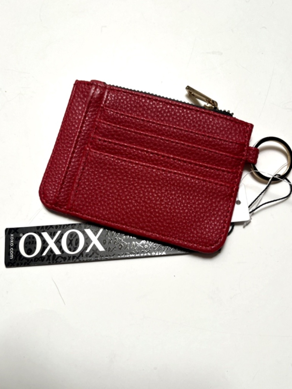 NWT XOXO Red Card Holder Wallet Keychain Zip Coin Purse Heart Print Faux Leather - Picture 3 of 3